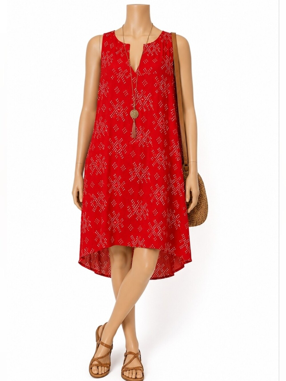 GAP Red Patterned Deep V-Neck Mini Dress Keyhole Back NWOT Size L